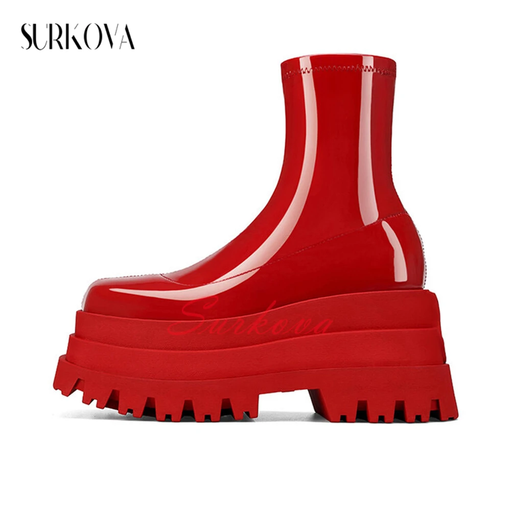 Women's Solid Color Patent Leather Platform Boots Round Toe Slip On Ankle Boots Ladies Fashion Boots Casual Shoes for Women New