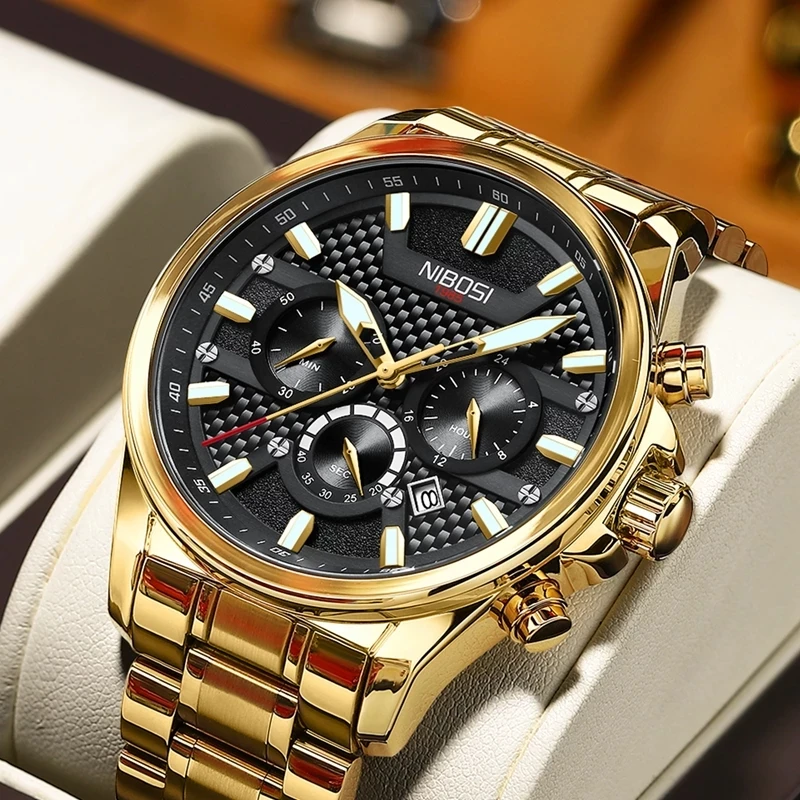 

NIBOSI New Luxury Gold Quartz Watch for Men Stainless Steel Waterproof 24 Hours Chronograph Watches Relogio Masculino Saat