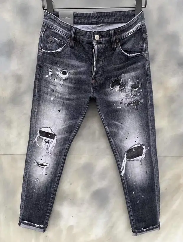 

DSQUARED2 Men's Letter Print Skinny Jeans With Ripped Holes Elastic Paint Spray Stitching Beggar Pants 9121#