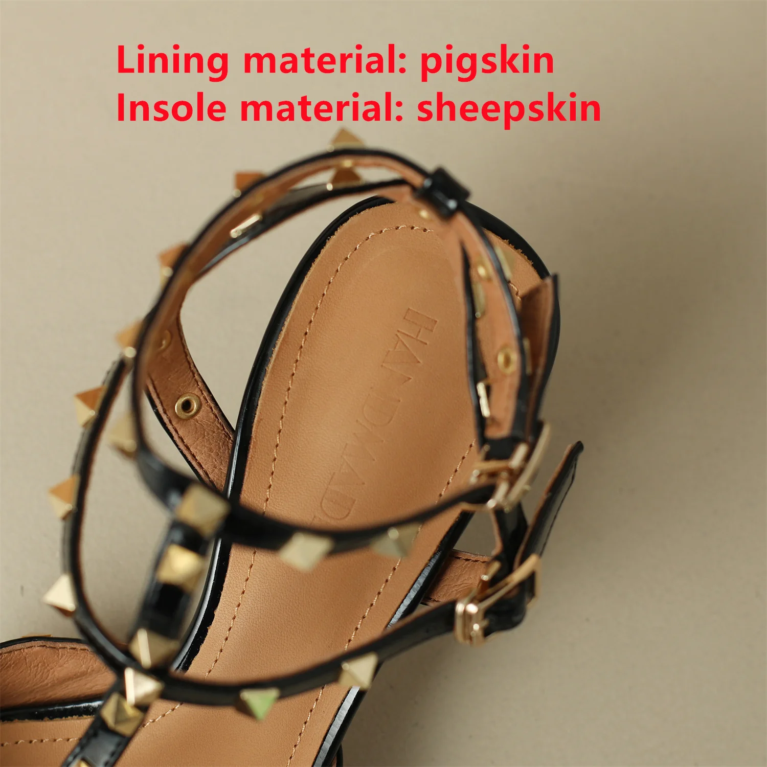 Genuine Leather Rivet Sandals Women 2023 Luxury Cowhide Upper Sheepskin Insole Pointed Toe Ankle Strap High Heel Handmade Shoes
