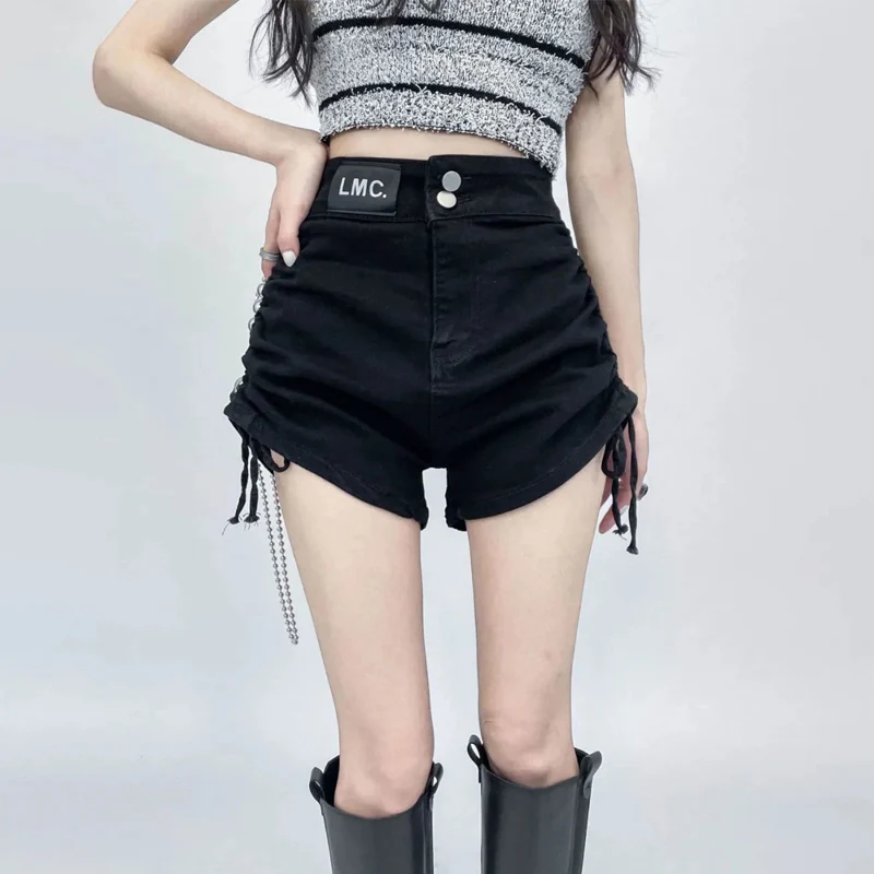 Summer New Solid Color High Waist Denim Shorts Drawstring Slim Stretch Black Hot Pants Korean Fashion Women Clothing