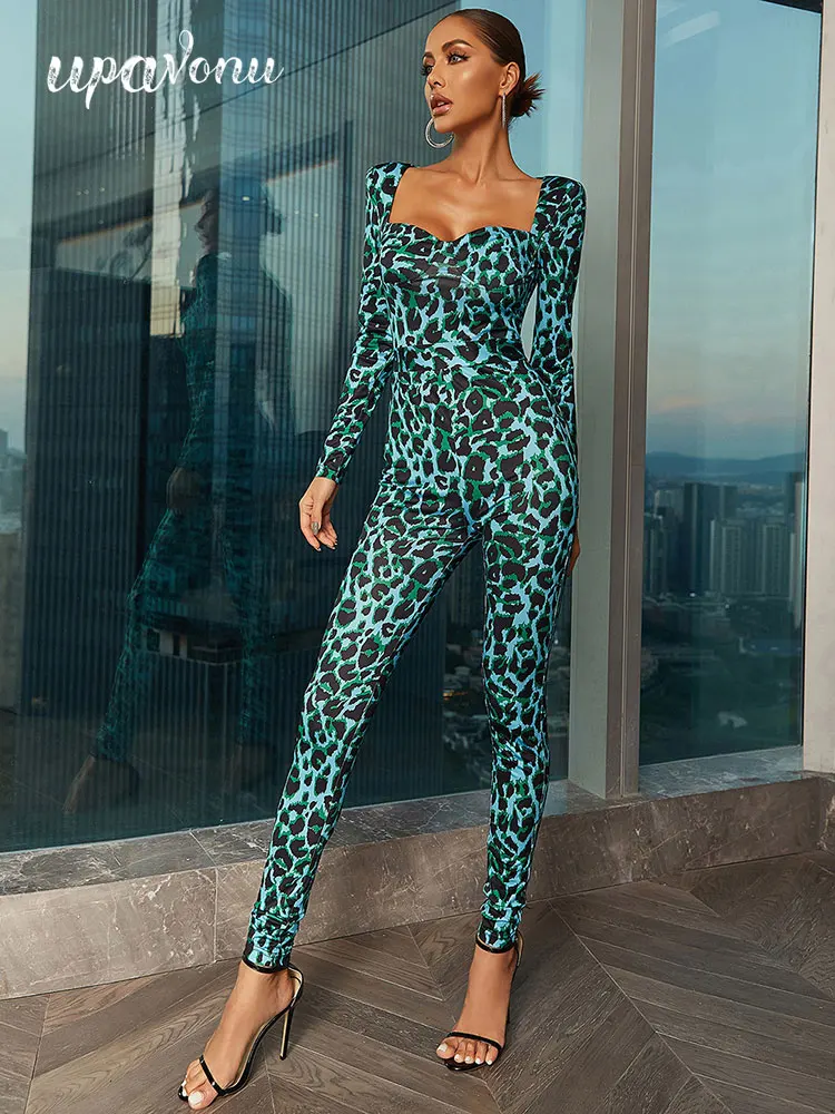 

Womens Leopard Print Jumpsuit Fashion 2022 New V Neck Long Sleeve Skinny Pencil Jumpsuit Celebrity Club Night Party Jumpsuit