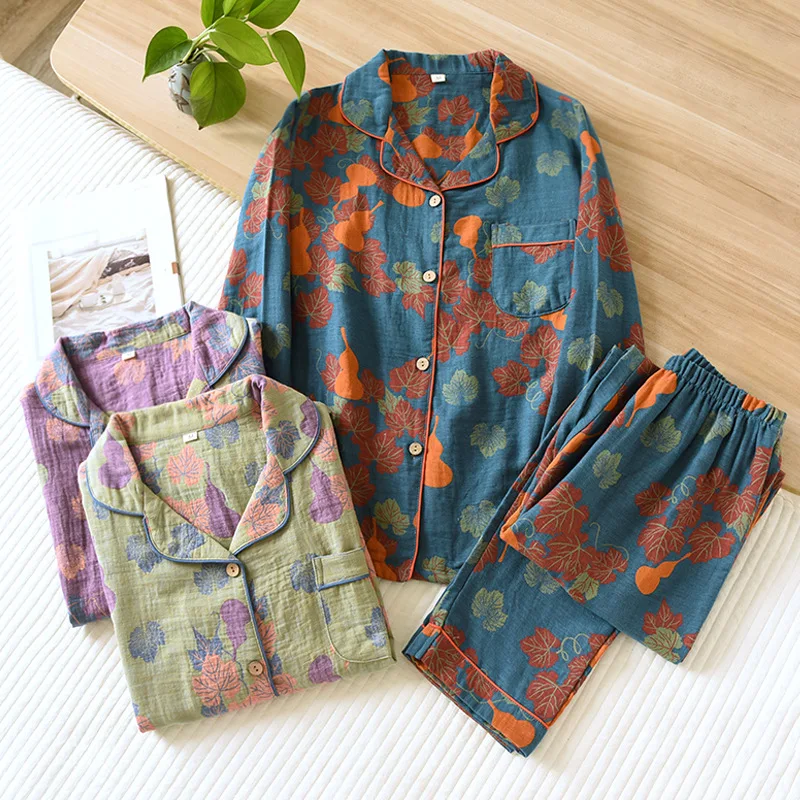 

Cotton Retro Style Trouser Pajamas Suit for Women's Autumn Clothes Ethnic Style Cotton Long Sleeved Pants Home Sleepwear Set