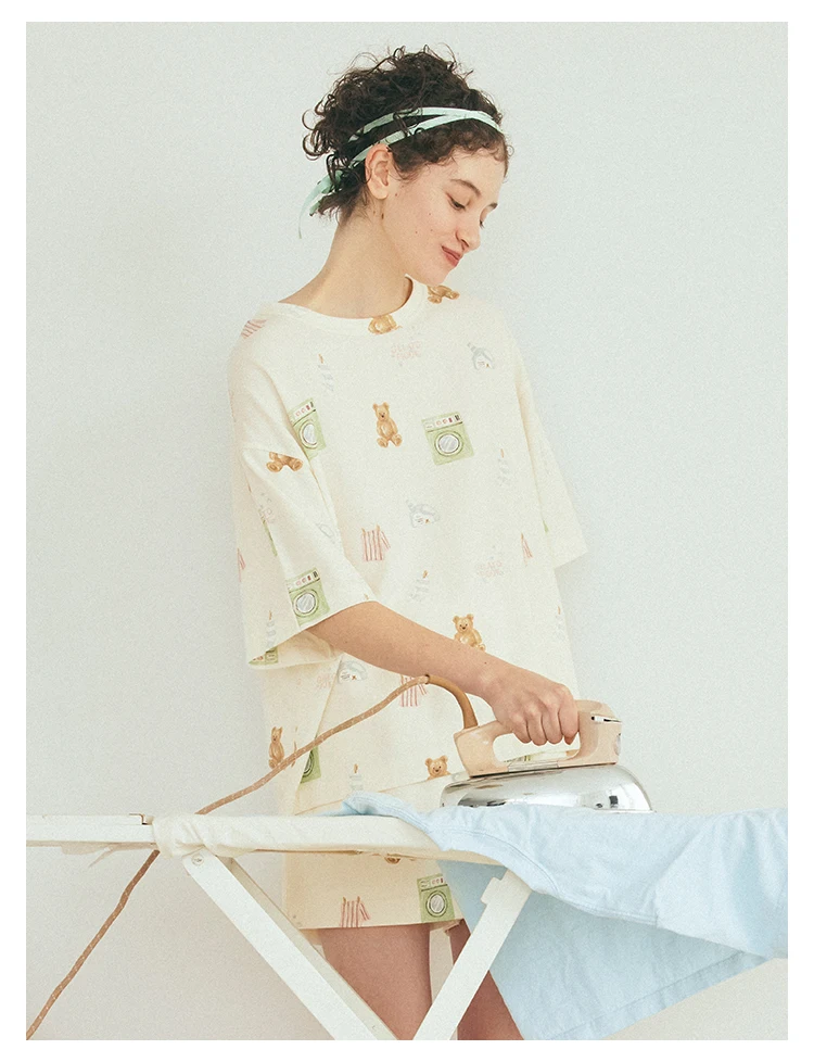 Room Wear Gelato Pique Summer New Women's Pajamas Antibacterial Refreshing Bear Short Sleeve T-shirt Sleep
