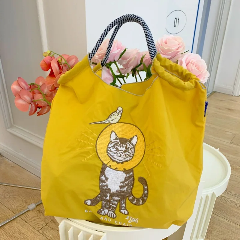 Cute Cat Embroidery Women Shoulder Bag Designer Brands Eco Bags for Women Handbags Rope Handle Drawstring Bag Large Shopper Tote