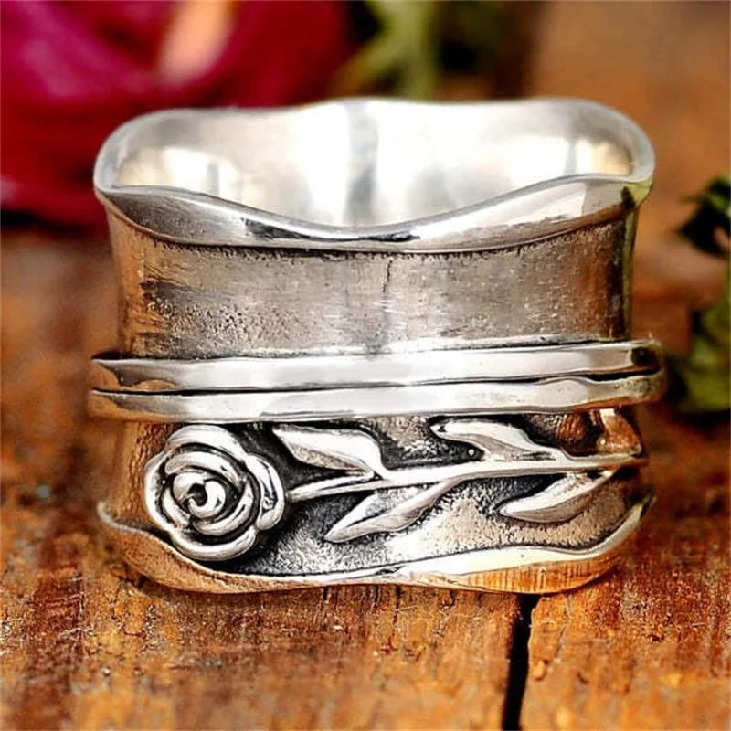 

Punk Vintage Silver Color Rose Flower Rings Fro Women Anxiety Relief Wide Rings Rotatable Anti Stress Spinner Ring Party Jewelry