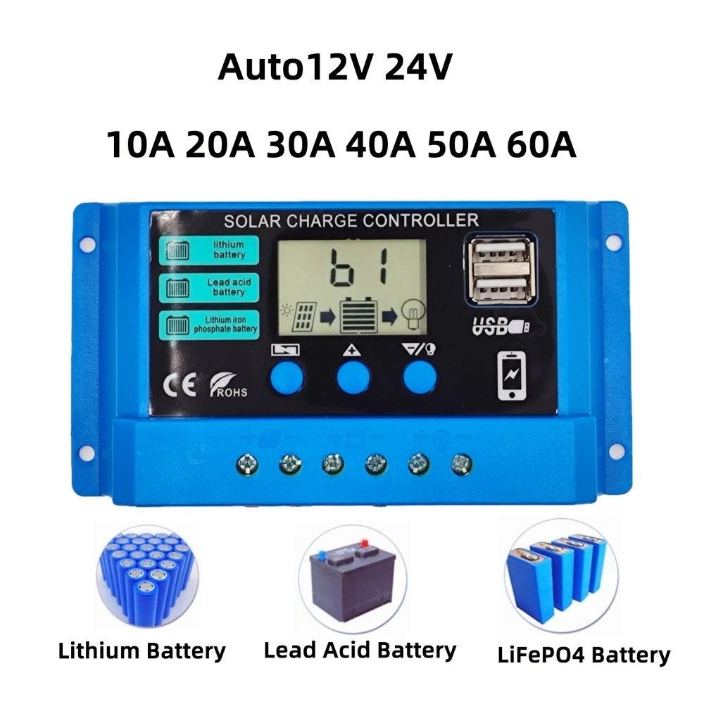 

Solar Charge Controller 12V 24V 10A 20A 30A 40A 50A 60A PWM Solar Panel Regulator For Lifepo4/Lithium/Lead Acid/Gel/AGM Battery