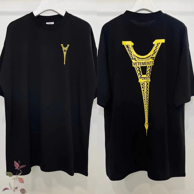 

Мужская и Женская Повседневная футболка 2023SS с коротким рукавом с перевернутым Парижской башней