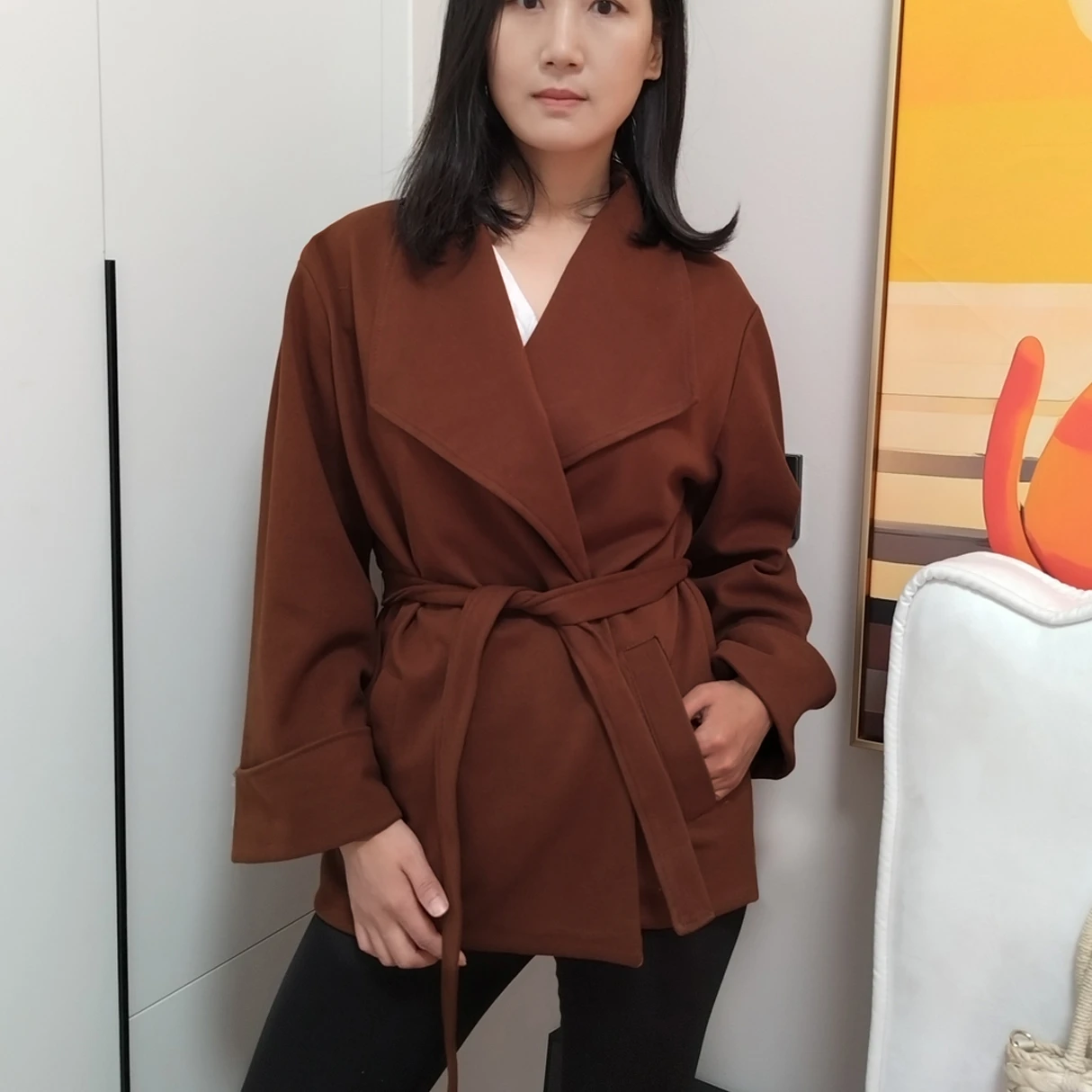 Женская свободная шерстяная куртка большого размера с поясом Новое поступление