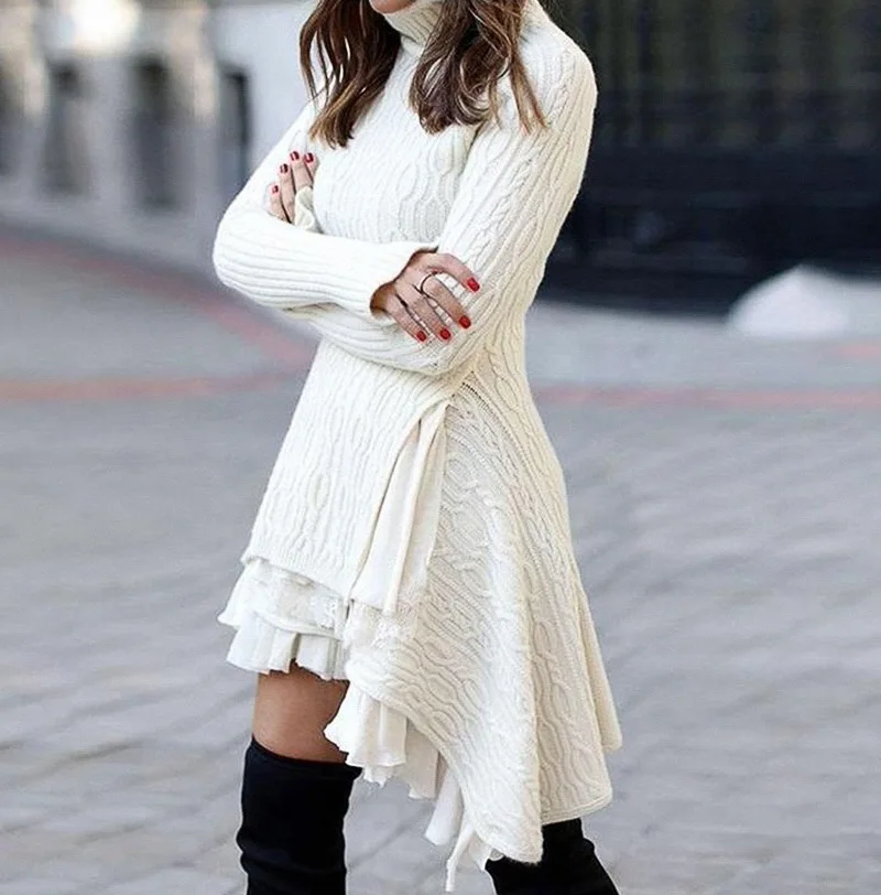 

Loose Women Autumn Winter Knitted Midi Robe Long Sleeve Asymmetrical Thick Warm Turtleneck Casual Female Vestiods Sweater Dress