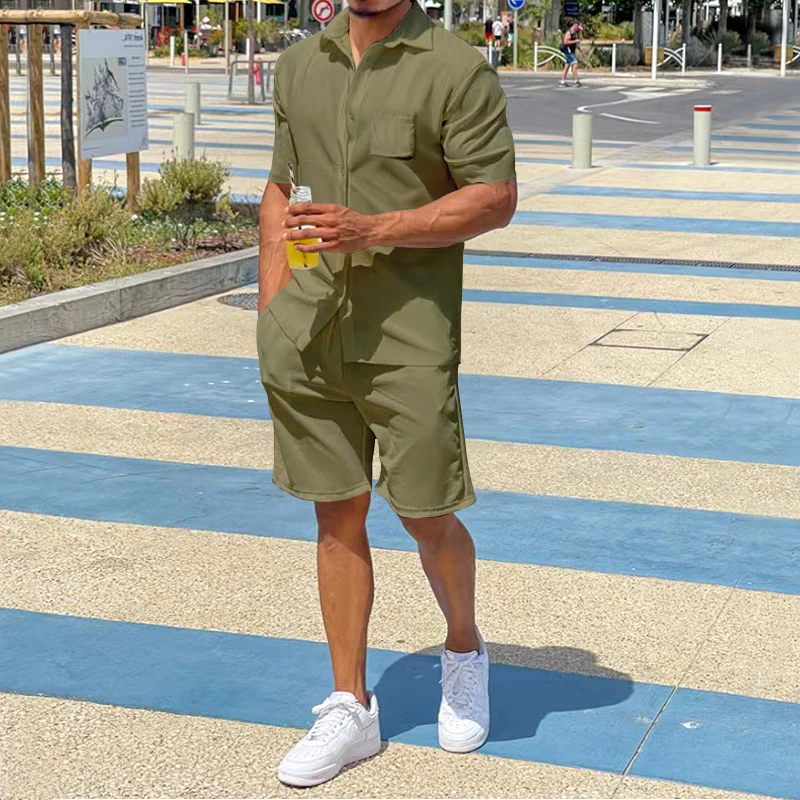 Summer New Men's Casual Suit Solid V-Neck Thin Polo Shirt Short Sleeve Shorts Outdoor Fitness Sports Breathable Two Piece Set