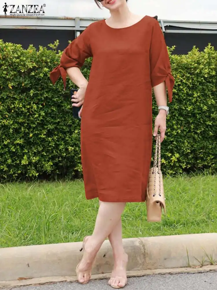 

2023 ZANZEA Fashion Lace-up Dress Female Elegant Solid Color Dresses Summer 3/4 Sleeve O-Neck Cotton Sundress OL Office Vestidos
