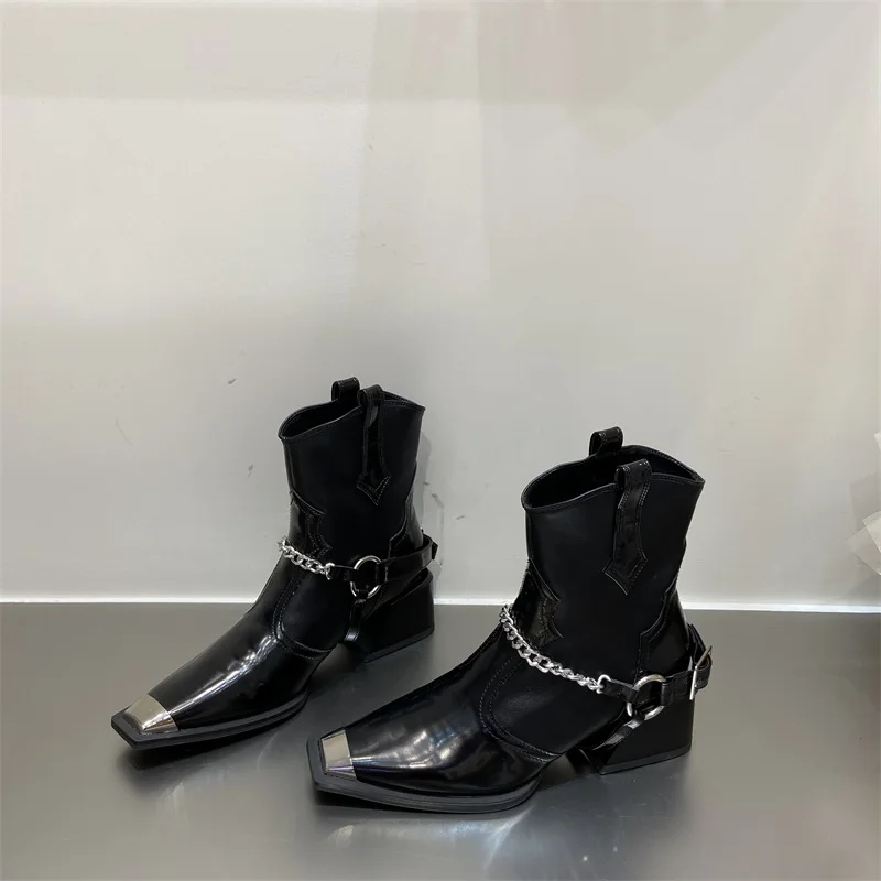 

Square Toe Women Ankle Boots Black 2022 New Arrivals Belt Buckle Shallow Slip On Metal Toe Thick Flat Mid Heels Metal Chain