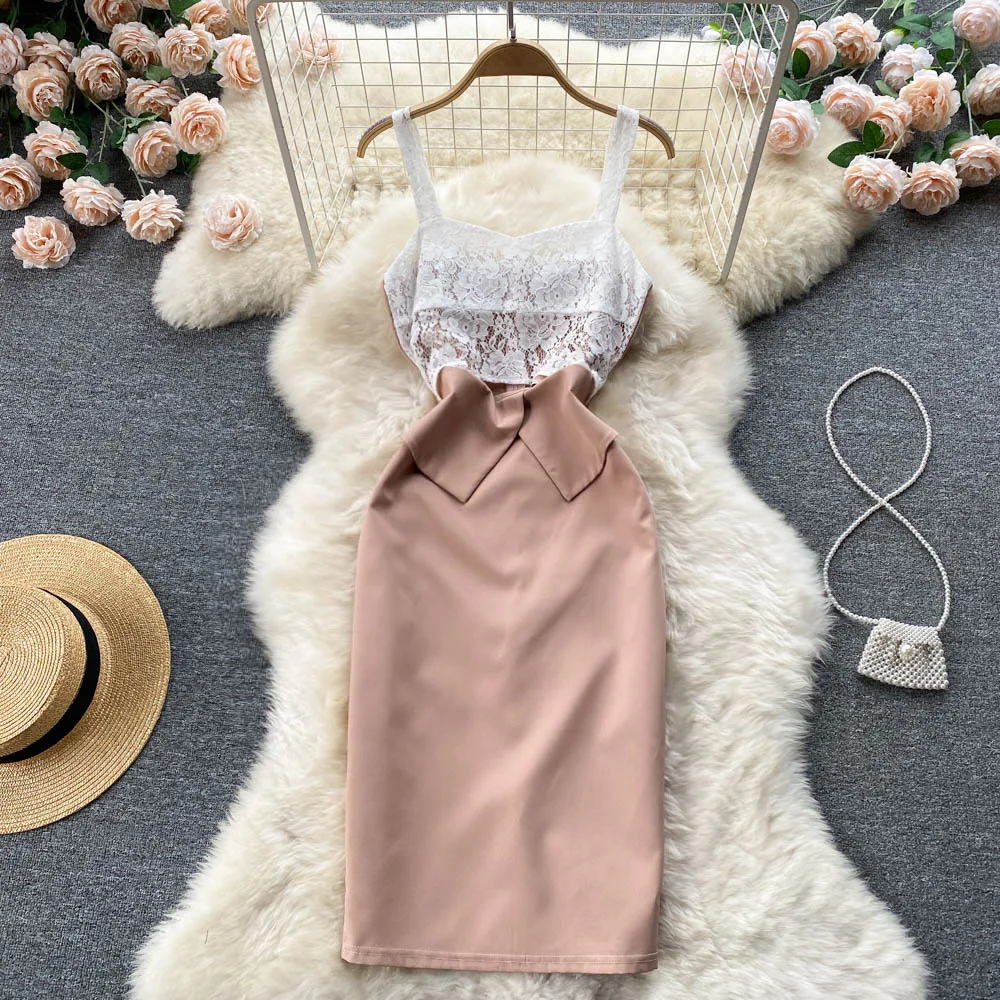 

Women's Summer 2022 New Fashion Slim Mesh Stitching Lace Split Wrap Hip Dress Sleeveless Elegant Work OL Clothes Vestidos D915