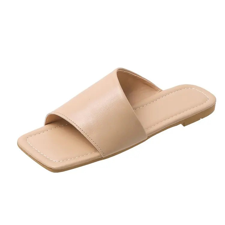 

Women's Flip Flops Flat Solid Color Square Toe Casual Women's Sandals Sewing PU 2022 New Comfortable Summer Plus Size Size 36-43