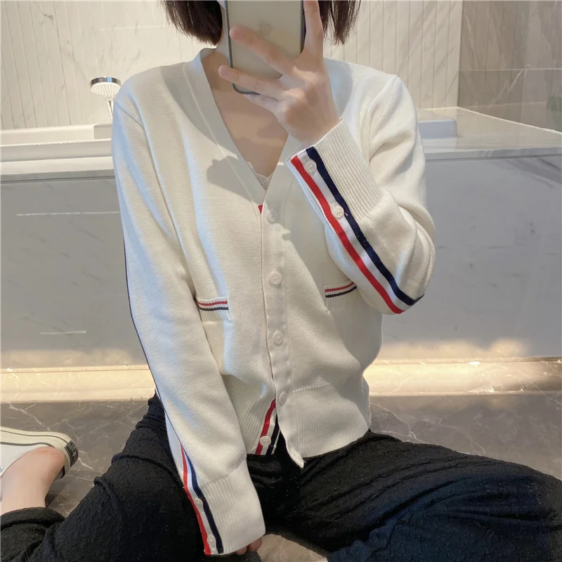 Arm vertical striped knitted cardigan thin section TB college style design niche jacket loose sunscreen female