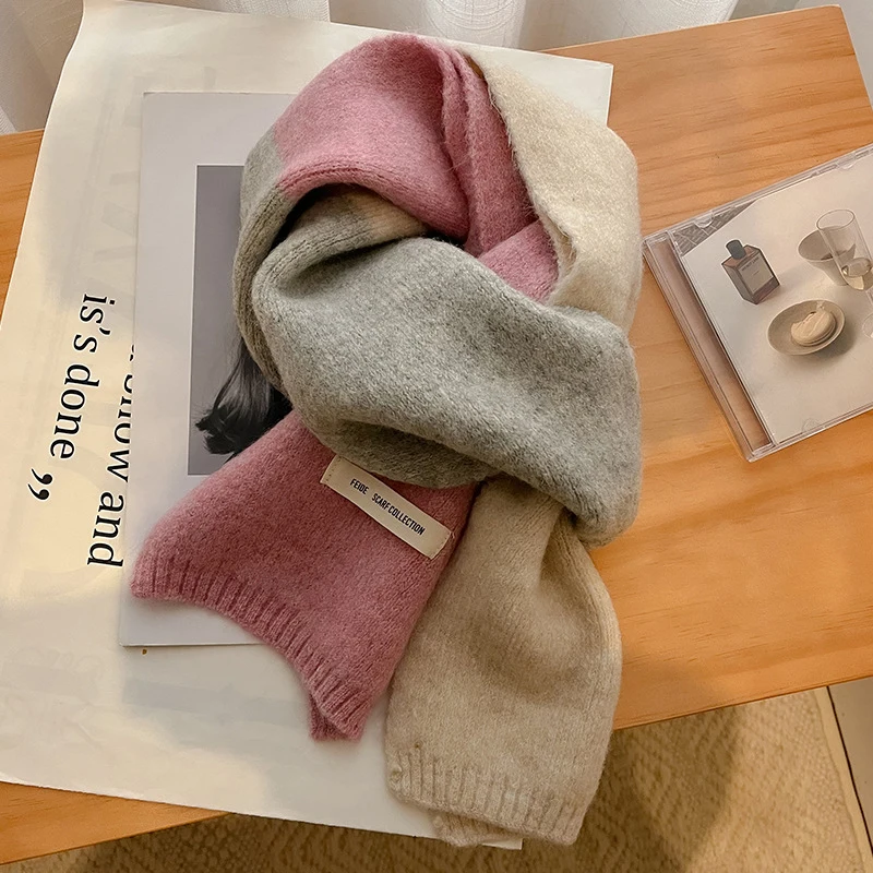 

Winter Knitted Imitation Cashmere Scarf Thick Woolen Yarn Long Neck Scarves Neckerchief Splicing Elastic Muffler Female Bandana