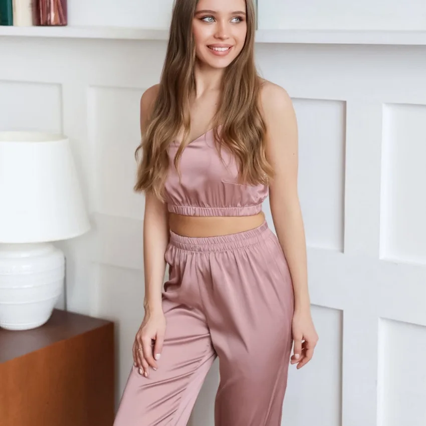 2022 Solid Color Suspender Trousers Satin Pajamas Set Summer Thin Imitation Silk Women's Outer Home Clothes Inner Suit Top Pant