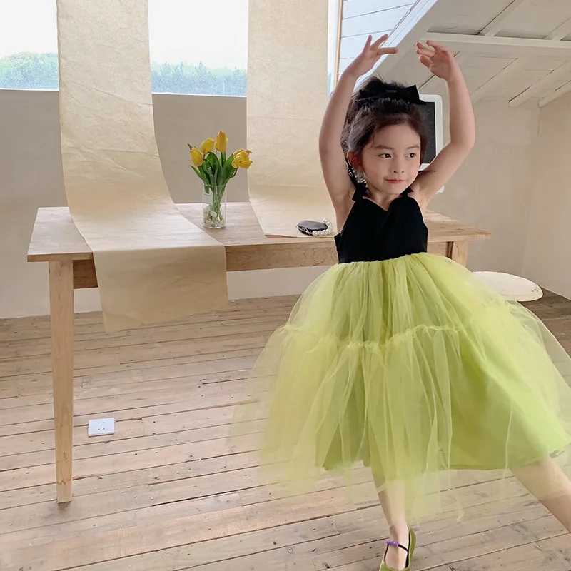 

MILA CHOU 2022 Summer Baby Girls Mesh-Paneled Mustard Green TuTu Dress Children Suspender Gauze Princess Dress Kids Clothes