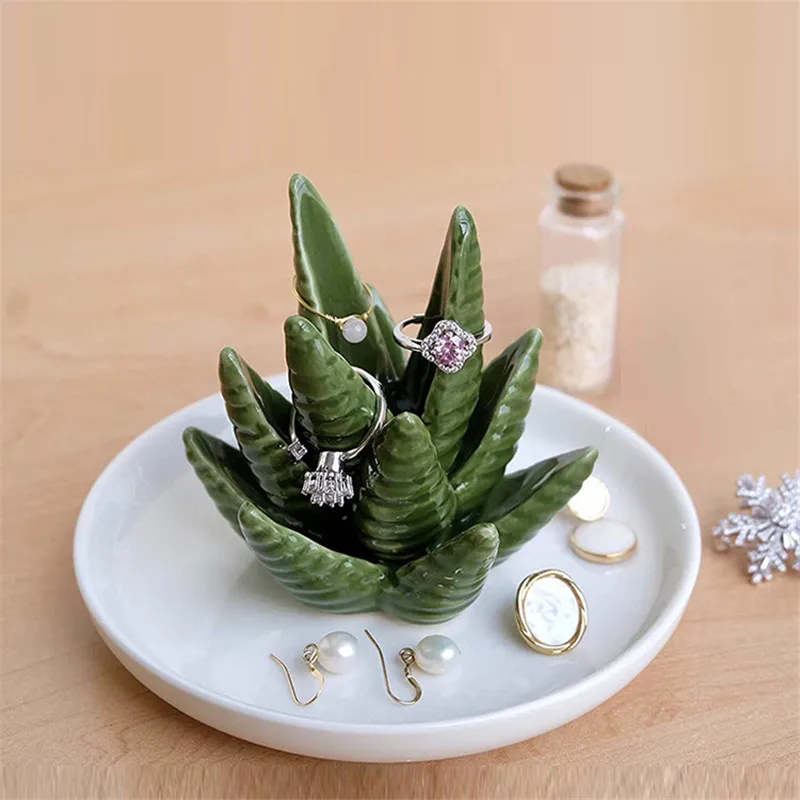 Cactus/Aloe Shape Ring Holder Dish Ceramic Succulent for Jewelry Organizer Display Home Decor Festival Gifts for Mom Wife Girls