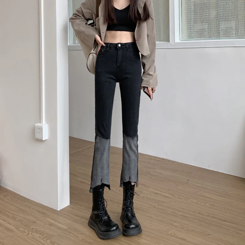 

DD2193 Black straight jeans women's new high waist slim nine points pants jeans