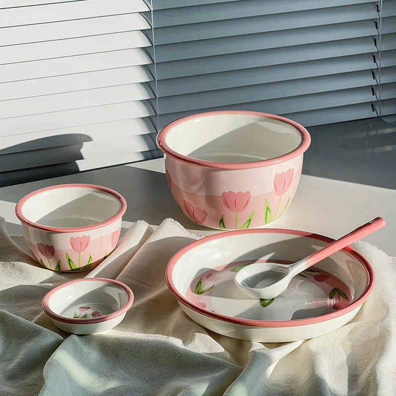 

Tulip pattern ceramic tableware set ins style dishes home rice bowl soup bowl dish dish dish spoon kitchen tableware