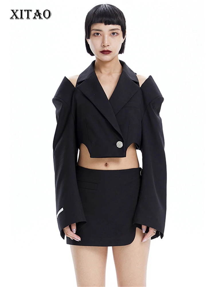 

XITAO Irregular Blazer Full Sleeve Black White Goddess Fan Casual Style Off Shoulder Hollow Out Small Fresh Blazer Coat WLD7075