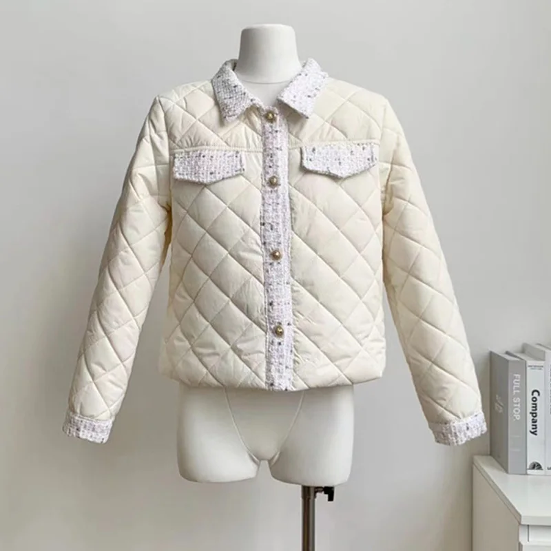 

Autumn Winter Coat Rhombus Small Fragrance Splice Ultralight Casual Women Short Parkas Stylish Outerwear Jackets