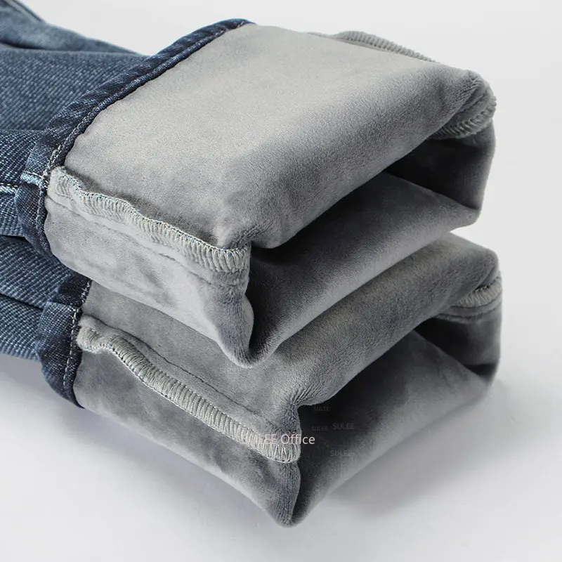 Winter New Men Fleece Jeans Business Casual Stretch Slim Fit Denim CowBoy Student Trousers Male Classic Thick Warm Pants