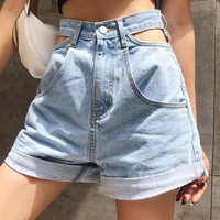 2021 women korean light blue hollow out short jeans female new high waist all match a line denim shorts summer casual clothing