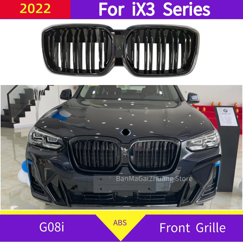 

Double Line Front Bumper Kidney Grille For BMW ix3 Series G08i 2022 full electric ABS Gloss Black 2 Bars 2 Slats front grill