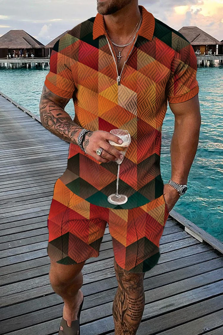 Men's Polo Shirts&Shorts 2 Piece Sets Lion Print Casual Suit Zipper Lapel T-shirt Short Sleeve Tracksuit Male Jogger Outfits