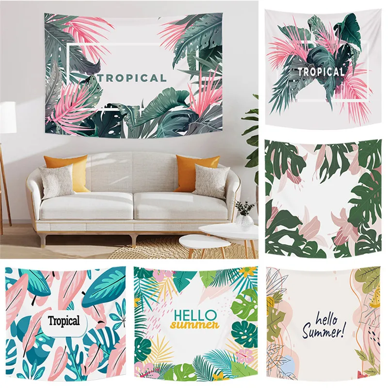 

Hello Summer Tropical Plants Leaves Flamingo Cartoon Printed Polyester Tapestry Wall Hanging Tapestries For Bedroom Dorm Decor