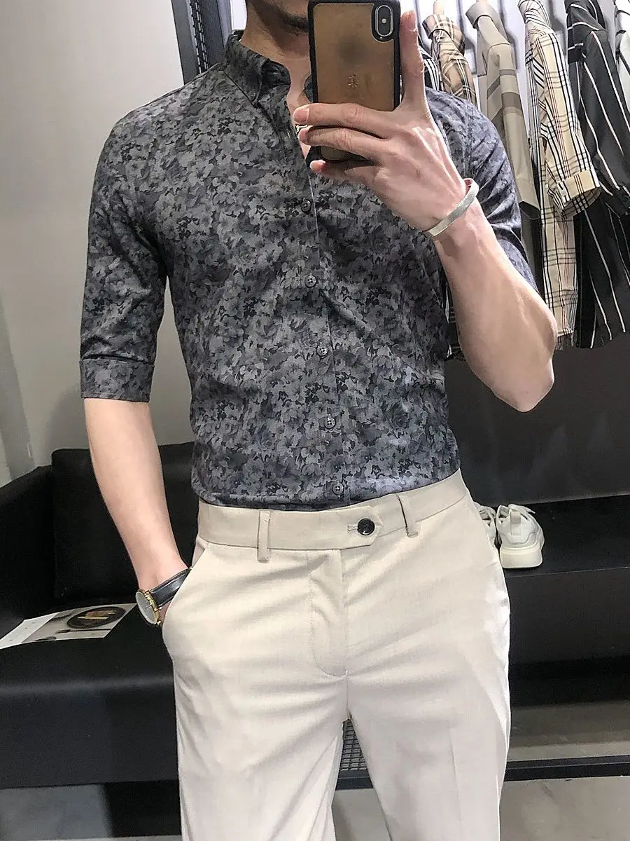 Summer Floral Shirt Men's Short Sleeve Shirt Korean Style Trendy Men's Slim Half Sleeve Shirt Men's Handsome Casual Shirt