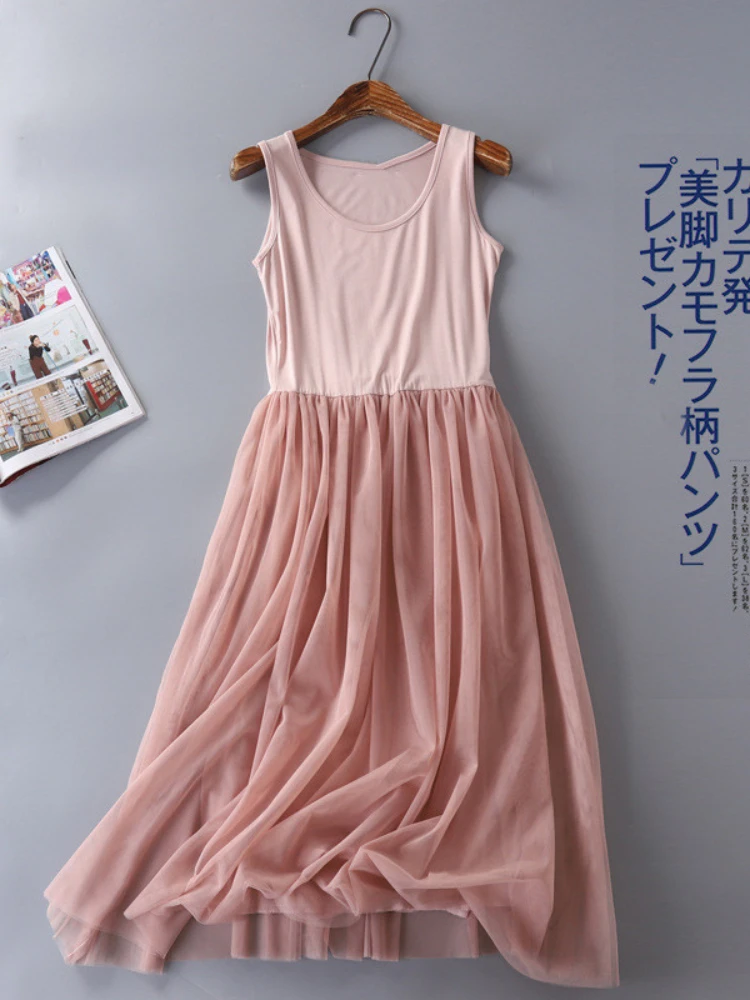 

Sleeveless Summer Dress Women 2023 Cute Boho Style Mesh Patchwork Modal Sundress Ladies Long Spaghetti Strap Dress