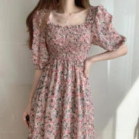 women dress spring summer korean fashion retro floral print square collar dresses y2k pleated elastic puff sleeve chiffon dress