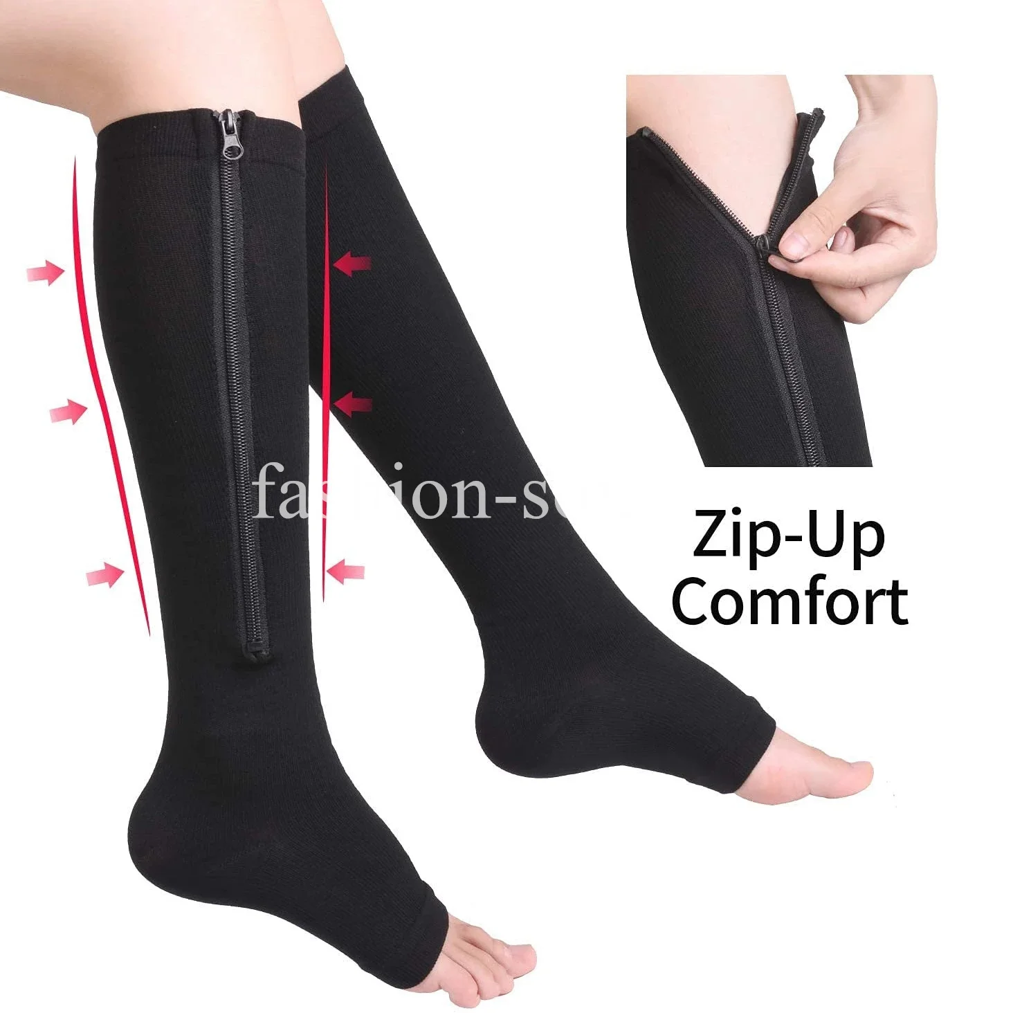 Compression Socks Knee High Socks Zipper Medical Stretchy Sox Anti-Fatigue Men Women Support Female Socks Open Toe Thin Socks