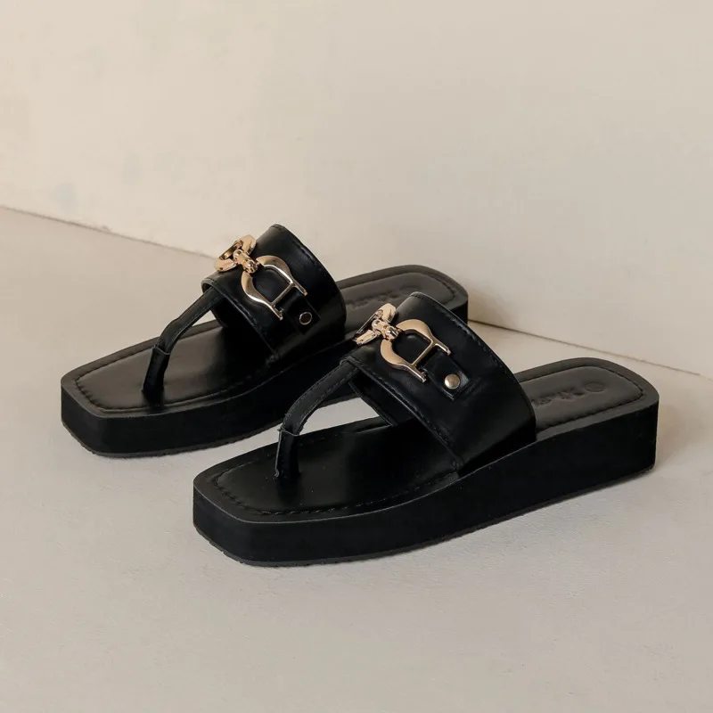 Summer Solid Chain Slippers For Women Fashion PU Leather Wedges Female Flip Flops Design Square Toes Women Platform Slides