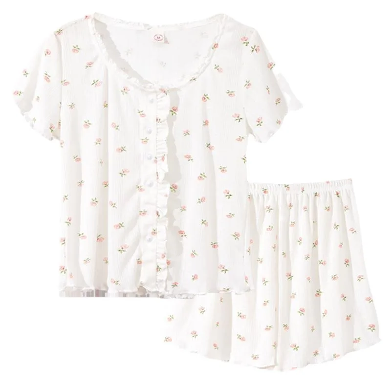 Pajamas Women's Summer Cotton Short-sleeved Shorts Thin Section Floral Pure Desire Wind Home Service Two-piece Suit