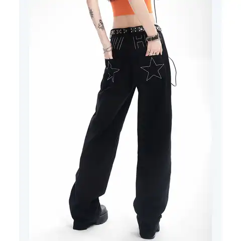 Women Black Jeans Embroidery Low Waist Baggy Straight High Street American Autumn New Fashion Vintage Wide Leg Denim Trouser