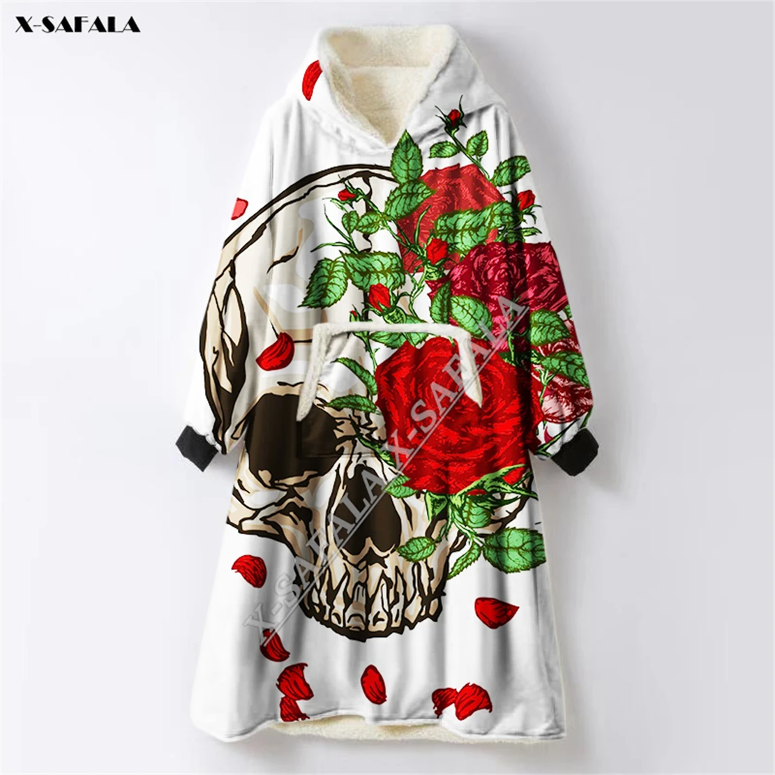 FLOWER Skull Pattern 3D Print Oversized Thickened Hooded Wearable Blanket Hoodie Nightgown Cashmere Men Female Nightwear Warm 1