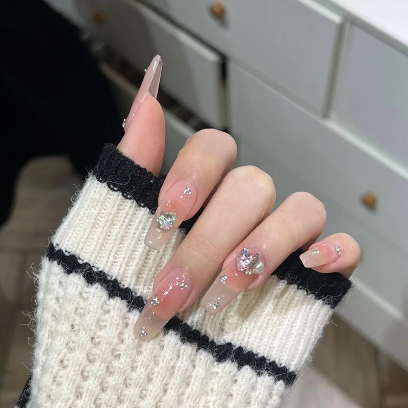 

24pcs Press on Nail Pink Diamond Long Fake Nails with Glue Press on Set Nails Art Reusable Artificial AcrylicFalse Nails