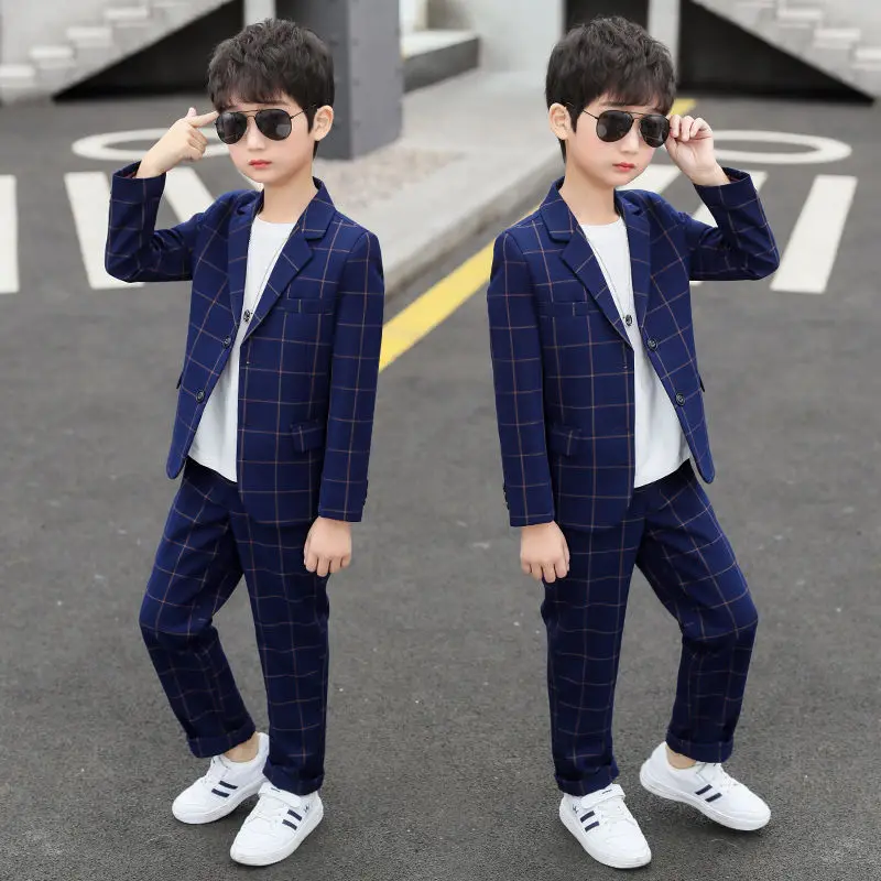 Best Design Suit for Boy Blazers 2021 Autumn Boys Suits Plaid Top + Pants Kids Boys Wedding Suit Wear Children Clothing Sets