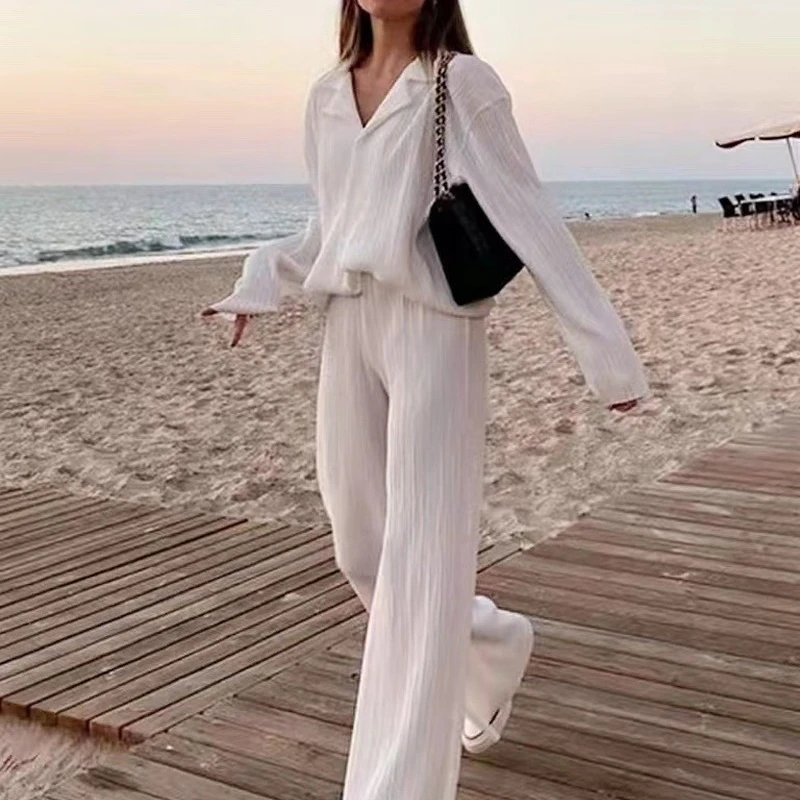 

2022 Autumn Women Elegant Pleated Two Piece Set Loose Long Sleeve Blouses High Waist Wide Leg Pants Suit Female Casual Outfits