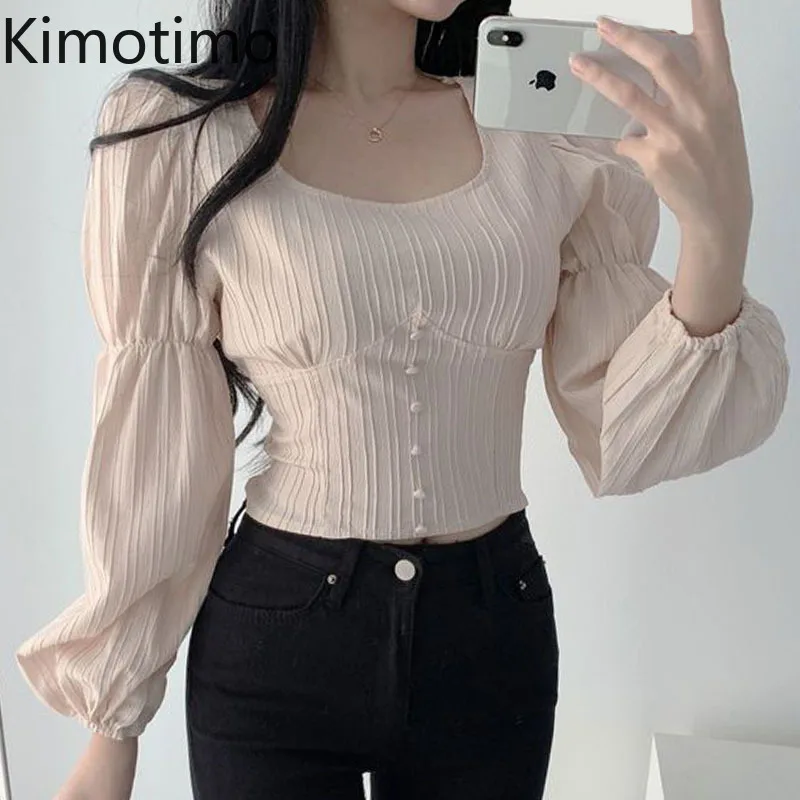 

Kimotimo Puff Sleeve Crop Top Women Korean Chic Gentle Square Collar Line Design Shirts Spring Waist Slim Single Breasted Blouse