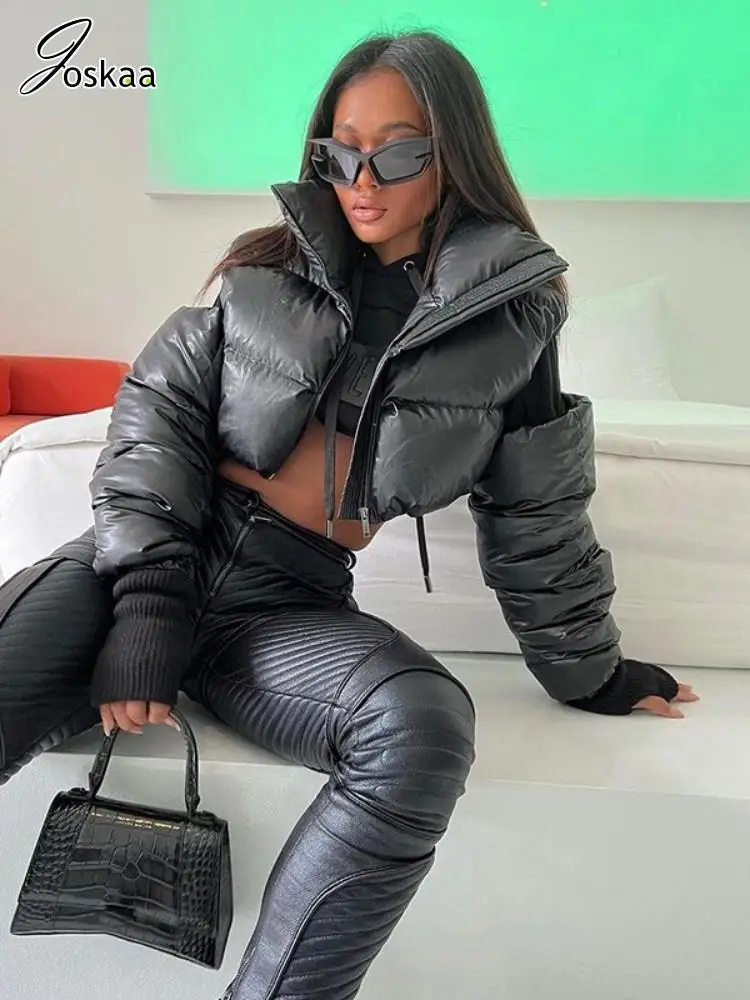 

Joskaa стеганое зимнее теплое пальто для 2023 Y2K с открытыми плечами с длинным рукавом черная куртка Женская Повседневная на молнии укороченный топ уличная одежда