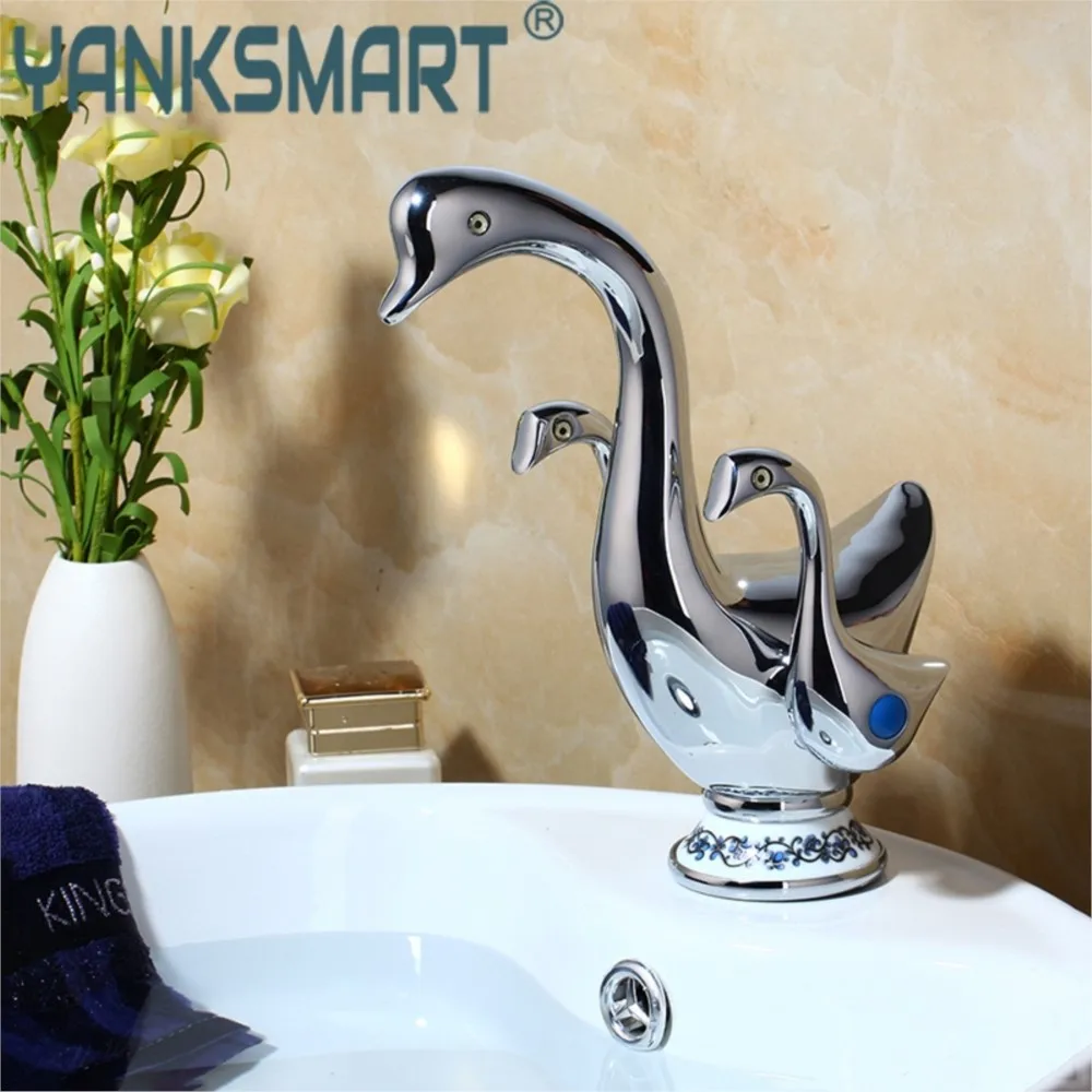 

YANKSMART Basin Faucet Cute Duck Shape Double Handles Bathroom Vessel Sink Faucet Deck Mount Brass Washbasin Sink Mixer Taps