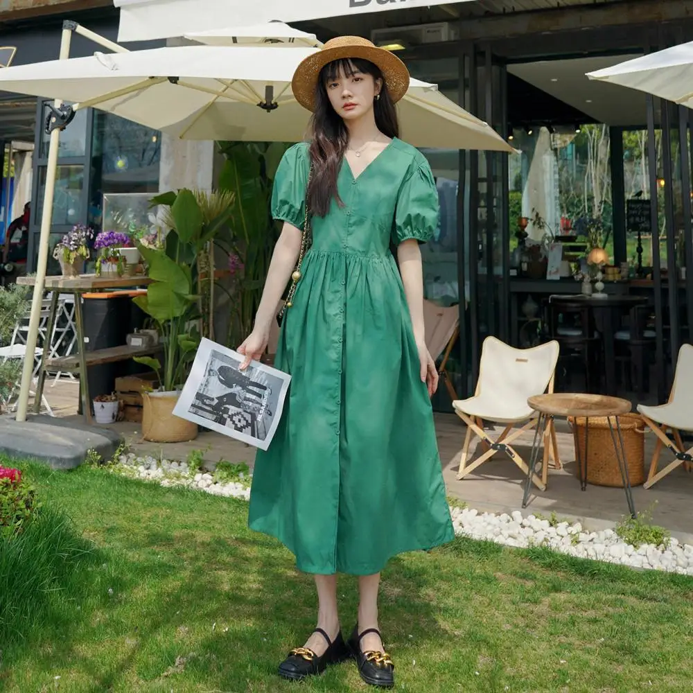 

Korean Beach Style Retro Long Women Party Chic Vintage Lantern A Line Dress High Casual Dress V Neck Green Summer Dresses