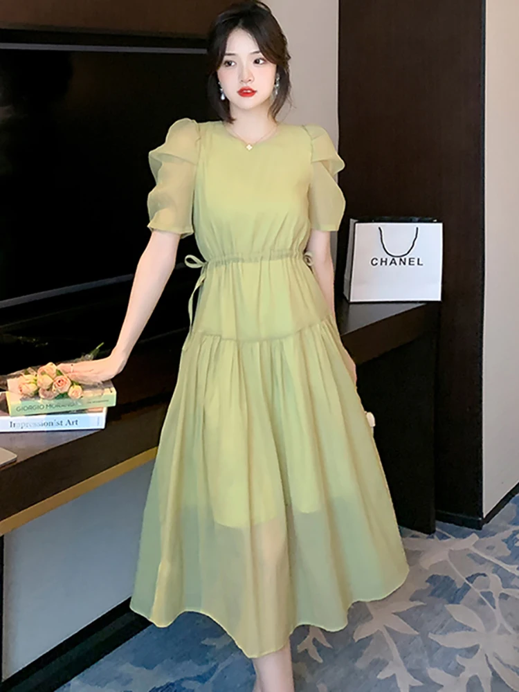 

Women Boho Green Elegant Puff Sleeve Long Dress Summer Fashion Casaul Birthday Dress 2023 Korean Bodycon Luxury Festival Dresses