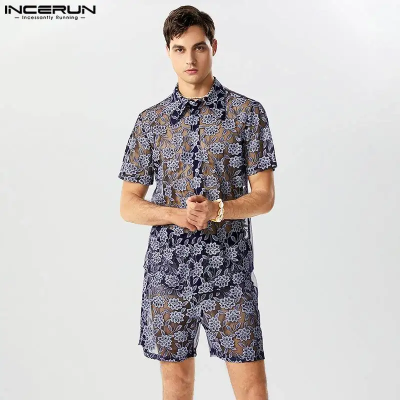 

Мужские комплекты из 2 предметов, сетчатая пикантная Свободная рубашка с отложным воротником и короткими рукавами и шорты с принтом, уличные прозрачные мужские повседневные Костюмы, INCERUN, 2023